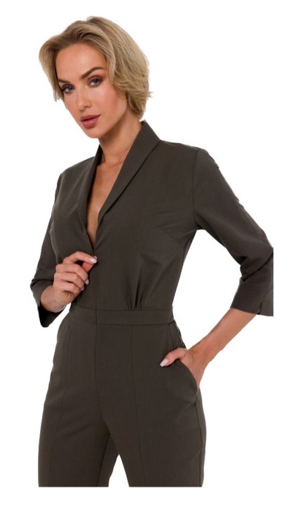 Női jumpsuit, MOE, 3/4 ujjú, párnázott gallér, zöld, poliészter