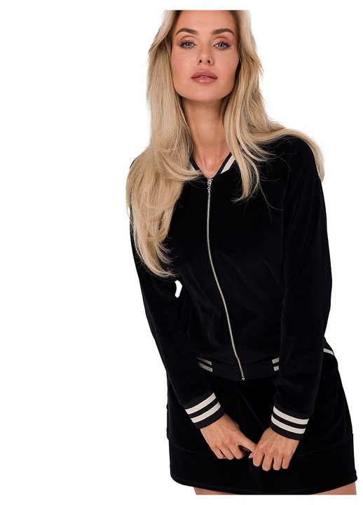 MOE velúr bomber kabát, cipzárral, hosszú ujjú, fekete, 80% pamut 20% poliészter