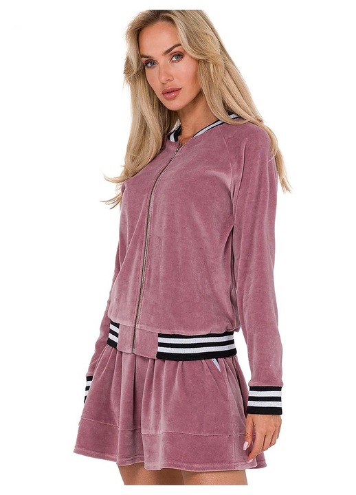 MOE női velúr kabát, cipzárral, kontrasztos varrással, rózsaszín, 80% pamut 20% poliészter