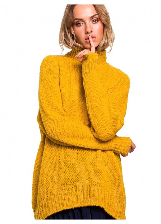 Pulover dama, MOE, galben, asimetric, cu decolteu inalt, poliacril/poliester, S-M INTL