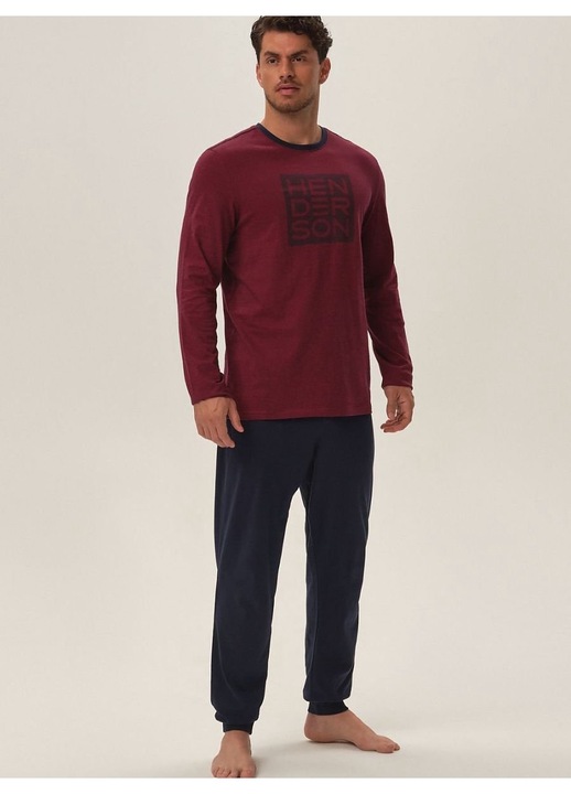 Мъжка пижама Henderson, червен комплект, памук, горнище с щампа и дълъг панталон