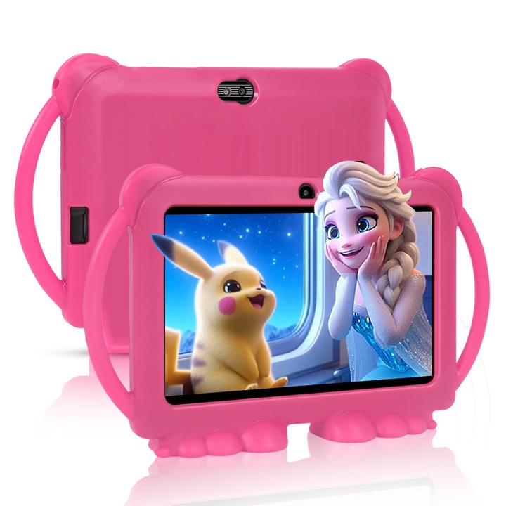 Детски таблет, 7-инчов, система Android 12, 4GB RAM, 64GB ROM (с възможност за разширение до 128GB), Предварително инсталиран детски софтуер, Сензорен екран със система за родителски контрол, Bluetooth, WiFi, двойна камера, Розов