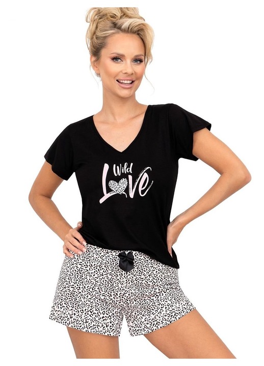 Дамска пижама Donna, памук, черно/бяло, леопардов принт