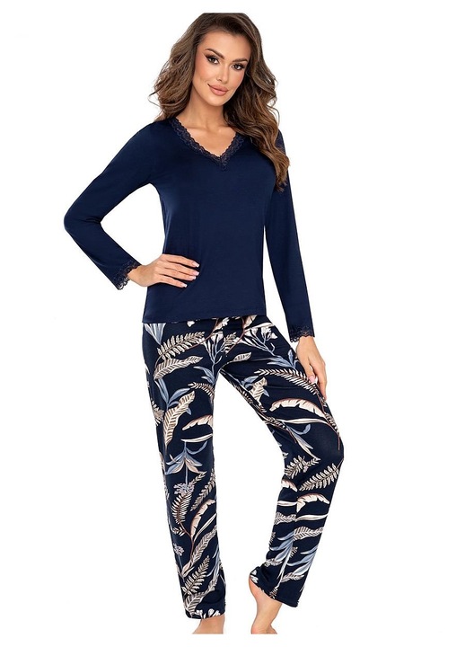 Дамска пижама, Donna, тъмносиня, вискоза, на цветя, тъмносиня, 36 EU