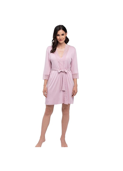 Дамски халат Babella, десен дантела, 3/4 ръкав, вискоза, розов, S INTL