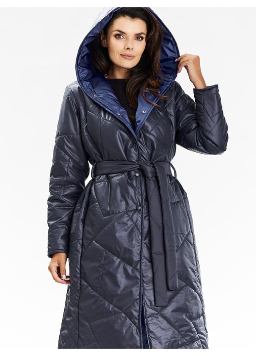 Palton lung cu gluga Awama, bleumarin, material matlasat, cu curea de talie