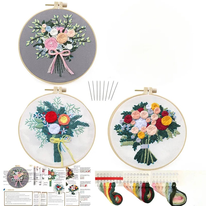Set 3 Set de broderie Kit Punch Ac Kit Cross Stitch Kits cu model floral pentru incepatori, 3 Cercuri
