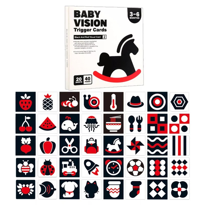 Set de 20 de felicitari stimulatoare vizual pentru bebelusi, felicitari cu imagini interactive alb-negru, 3-6 luni