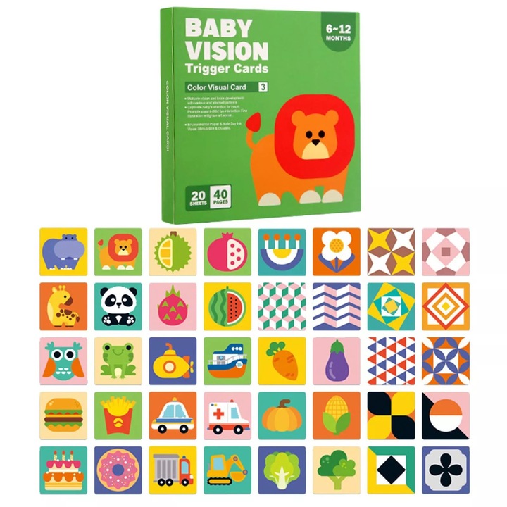 Комплект от 20 карти за визуална стимулация за бебета, цветни, интерактивни карти с картинки, 6-12 месеца