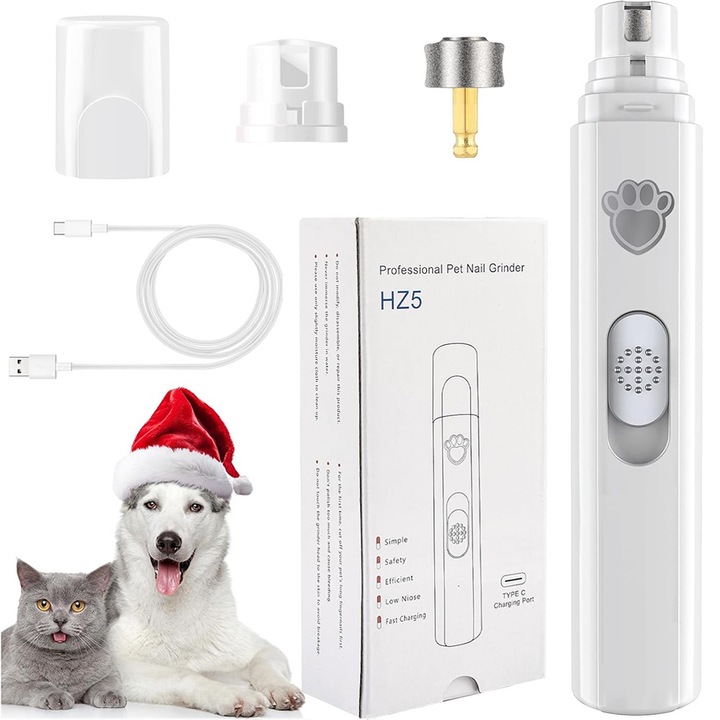 Pila Unghii Animale Electrica, BOMSTOM, 2 viteze, 3 porturi, 7500 RPM, polizor diamant, ultra silentios, baterie 600 mAh, incarcare USB, portabil, pentru caini si pisici, 14,5 * 3 cm, alb