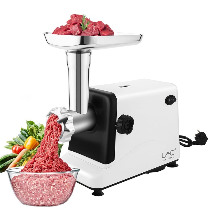 Masina de tocat carne, 350 W, Accesorii negre, Cutit Inox, cutit cu 2 taisuri, Negru/Argintiu