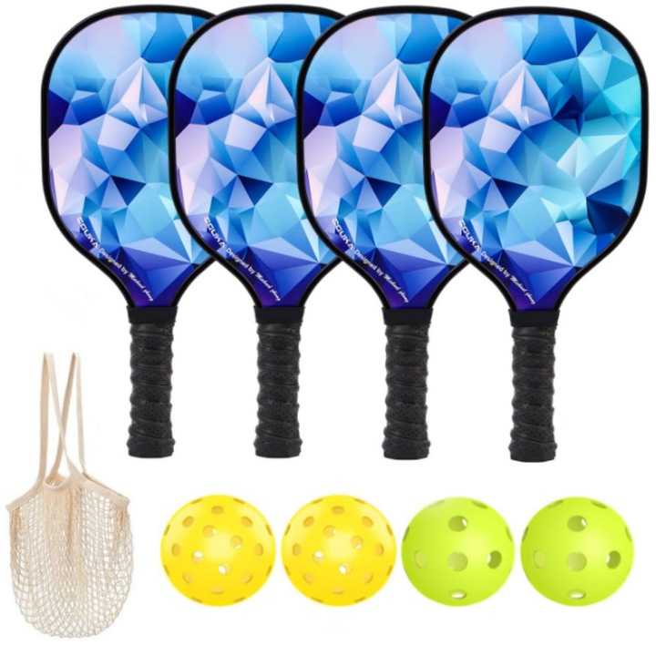 Set rachete tenis LYCENXI®, 4 rachete din lemn, 4 mingi, dimensiuni mari, multicolor