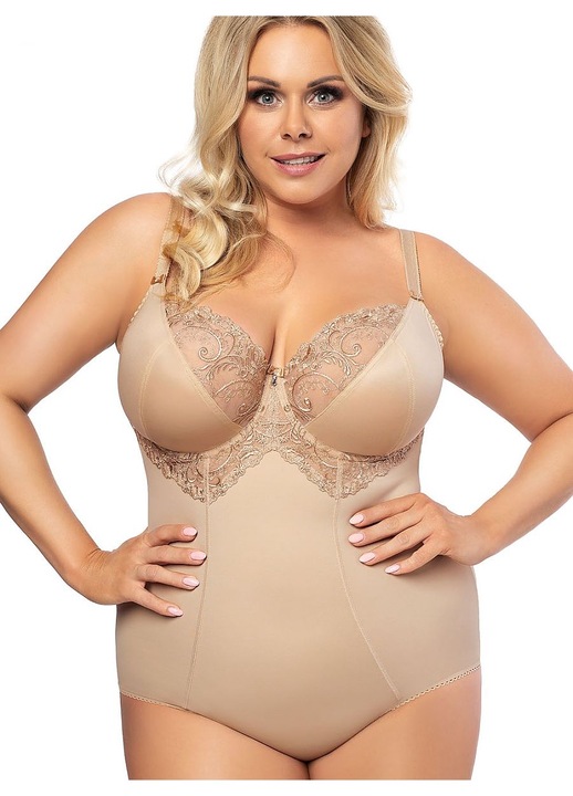 Gorsenia Lingerie body, bézs, poliamid, puha csészék, dekoratív hímzés