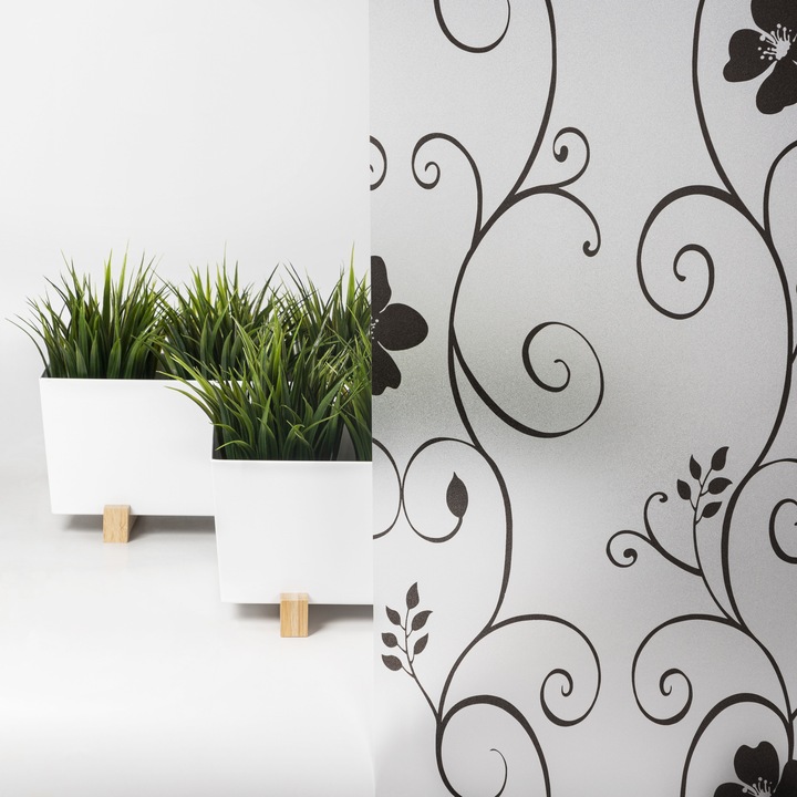 Folie statica pentru ferestre, Bojanek, Autodeziva, detasabila, reutilizabila, decorativa, de intunecare a camerei, folie de confidentialitate, floare negru, 60x100 cm