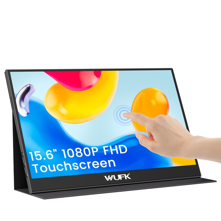 Hordozható érintőképernyős monitor WUFK, IPS LED, 15,6", Full HD, Ultra Slim, HDR, FreeSync, USB-C Dual, HDMI, kompatibilis laptop/telefon