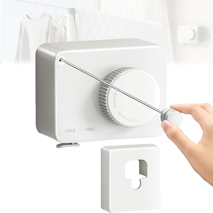 Ruhaszárító, behúzható, falra szerelhető, könnyen szerelhető, acélkábel hossza, 4,28 lineáris m, 20 kg-ig tart, fehér