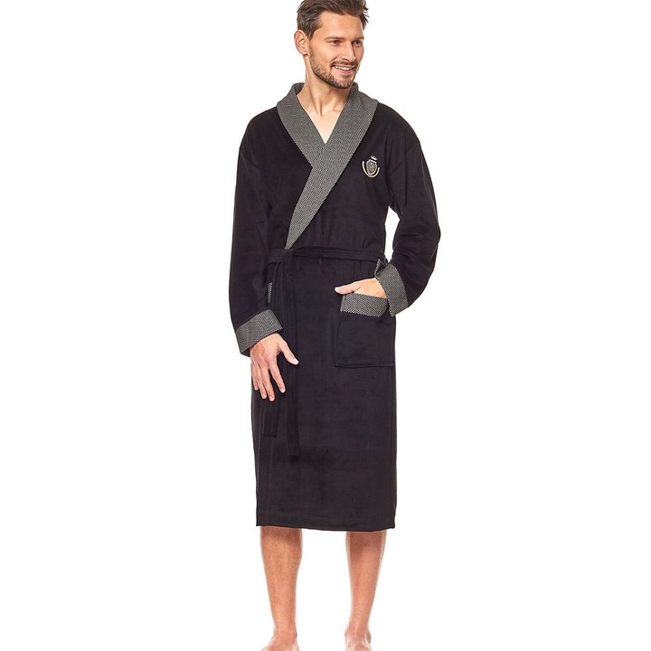 Halat de baie barbati, L&L collection, bumbac/poliester, negru/gri, L