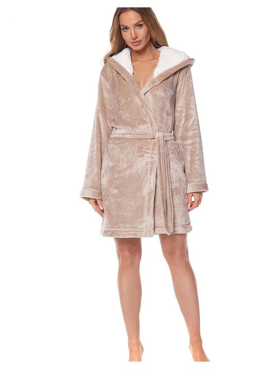 Halat de baie L&L collection, bej, XL, cu gluga captusita cu blanita, inscriptionat "Hello"