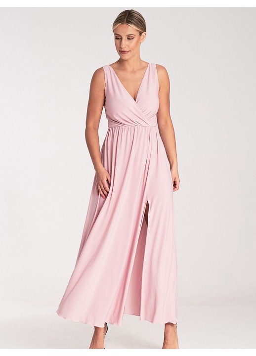 Макси рокля Figl, розова, V-образно деколте, разкроена талия, 5% еластан, 95% полиестер
