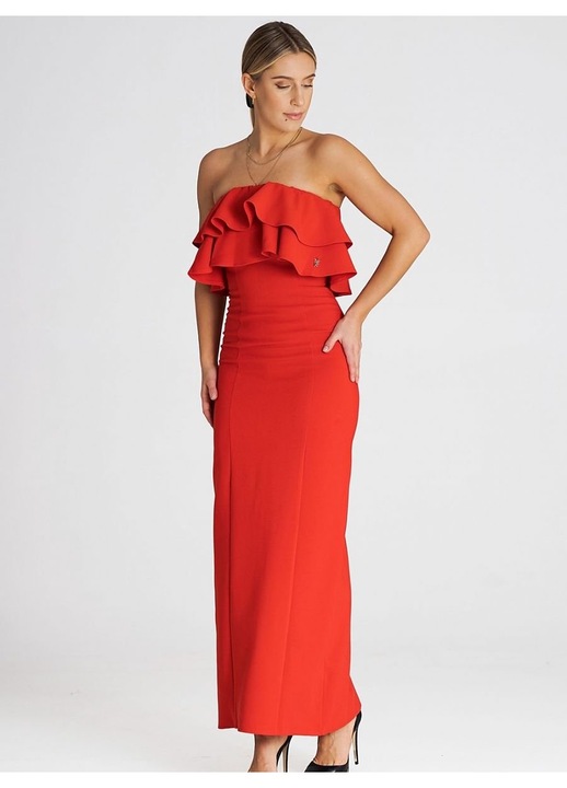 Rochie maxi Figl, eleganta, volane duble, rosu, elastan, poliester, viscoza, XL INTL