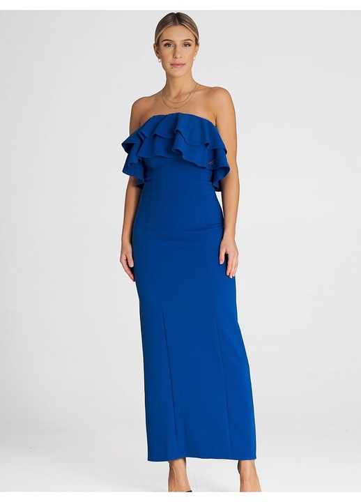 Rochie maxi Figl, eleganta, volane duble, albastru, elastan, poliester, viscoza, S INTL