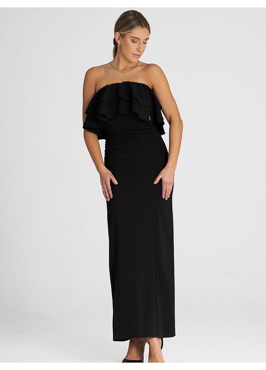 Rochie maxi Figl, eleganta, volane duble, negru, elastan, poliester, viscoza, XL INTL