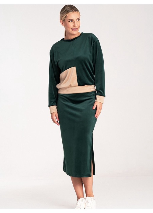 Set Figl, bluza bicolor cu maneci lungi si fusta creion, verde, velur, poliester, M INTL