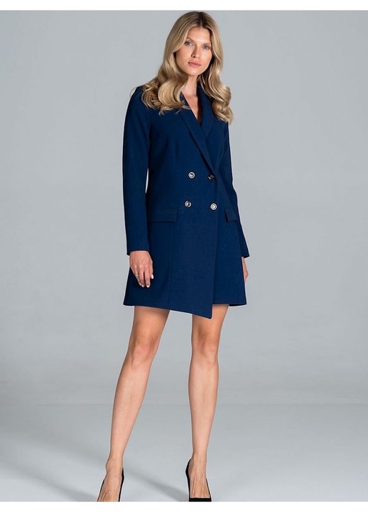 Rochie jacheta Figl, albastru bleumarin, cu maneci lungi, captusita, buzunare frontale, viscoza, poliester, L INTL