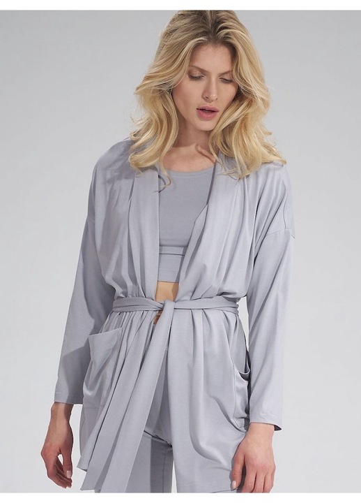 Pulover dama Figl, larg, cu curea, buzunare mari, gri, viscoza, S-M INTL