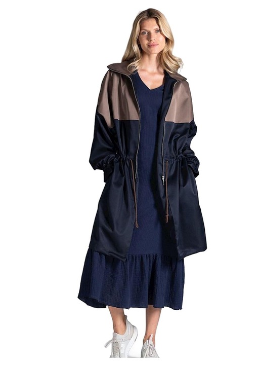 Palton dama Figl, cu guler, maneci plisate, elastan/poliester, bleumarin/bej, L-XL INTL