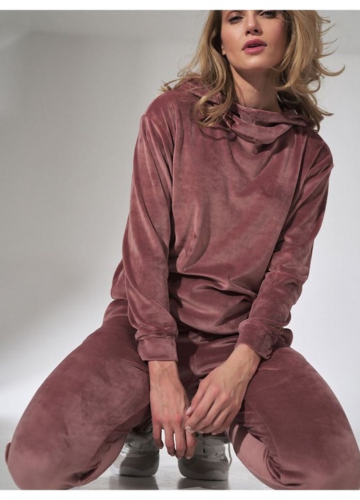 Pulover dama Figl, roz, velur, cu gluga, maneci lungi, guler ridicat, poliester, M INTL