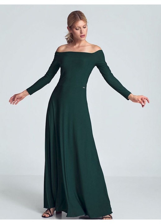 Rochie maxi Figl, verde, cu maneci lungi, decolteu mare, pliuri in zona pieptului, cusuta in talie, elastan 5%, poliester 95%