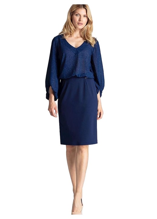 Fusta creion midi Figl bleumarin, brocart laminat, fara captuseala, fanta pe spate, poliester