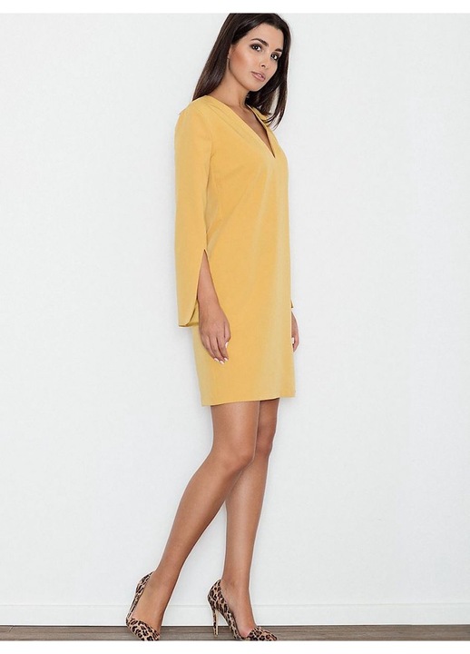 Rochie Figl eleganta, croiala dreapta, maneci cu fante, galbena, poliester-viscoza