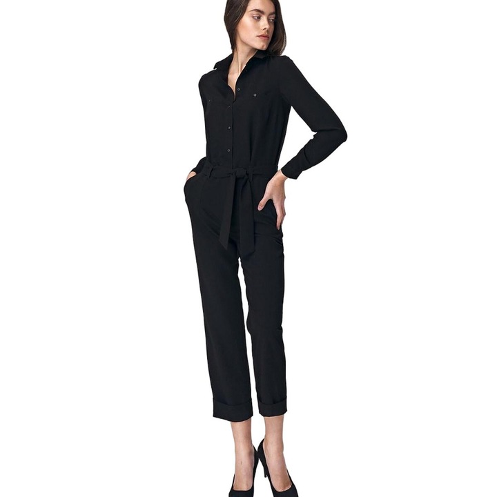 Salopeta dama, Nife, cu guler elegant, vascoza, negru, 42 EU