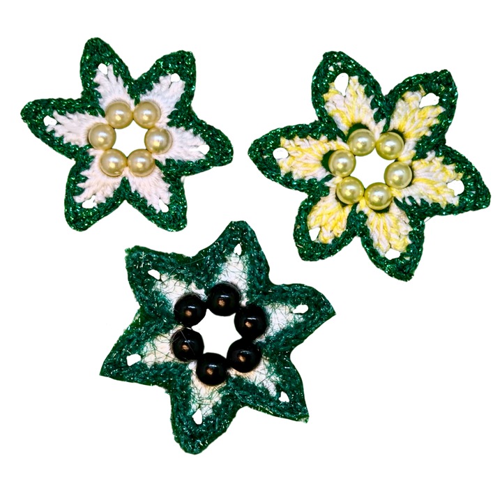 Set 3 Ornamente Brad Handmade, Stele cu Perle pentru Craciun, Colectia Verde