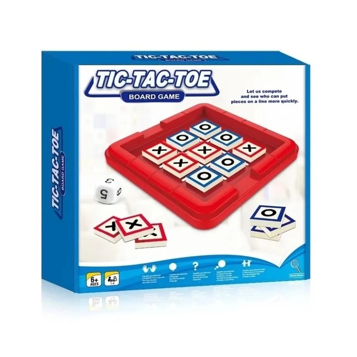 Joc de masa X si 0, cu 10 piese, zar si tabla din lemn, pentru copii 6 ani+, tabla de 25 cm, rosu