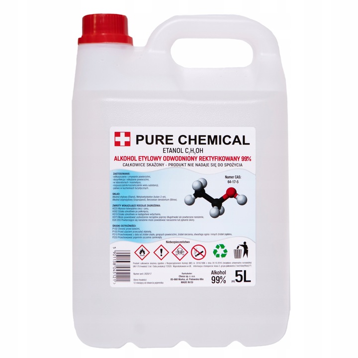 Etanol, Pure Chemical, Sticla, 99%, Complet Deshidratat, Pentru Dezinfectare, Degresant, Eficacitate Ridicata, Elimina Microorganismele, Metoda Europeana, Contaminat, 5 L
