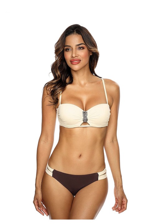 Costum de baie dama, Etna, doua piese, croiala bardot, cupe push-up, maro, poliamida/elastan