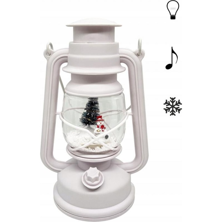 Karácsonyi lampion 14,5 x 11,7 x 24,5 / 35,5 cm LED-es betéttel, zenélő - fehér - hóember karácsonyfával