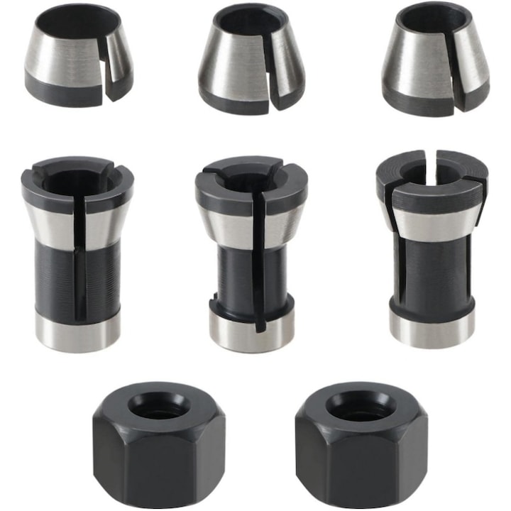 Cap de mandrina HSS 6 piese, 6 mm 6,35 mm 8 mm, 2 piulite Suport de colier pentru freze electrice si masini de gravura, rezistent la abraziune, de inalta precizie, compact si stabil, AjieQaQ, negru