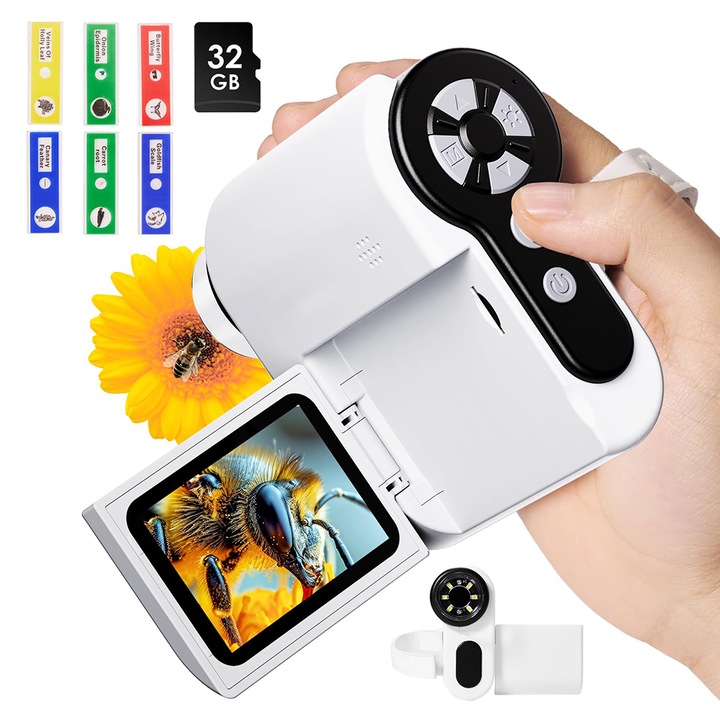 Microscop 3-in-1 pentru copii, microscop portabil IPS de 2 inchi, 100X-1000X, cu 5 filtre colorate, miniscop miniscop de buzunar, kit educational de stiinta, cadouri de aniversare de Craciun pentru copii, 32 GB, WALALLA, alb-negru