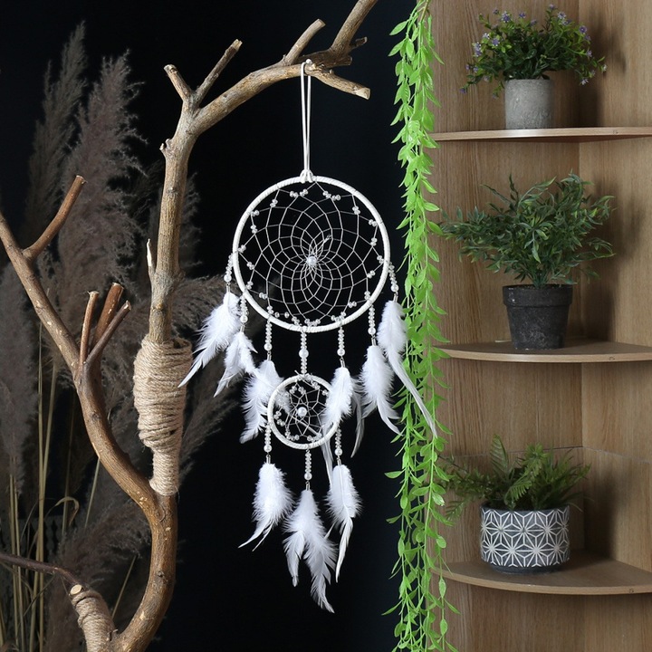 Wisolt® Two Rings Dream Catcher fali dekorációk, Boho stílusú, otthoni dekorációhoz, fehér