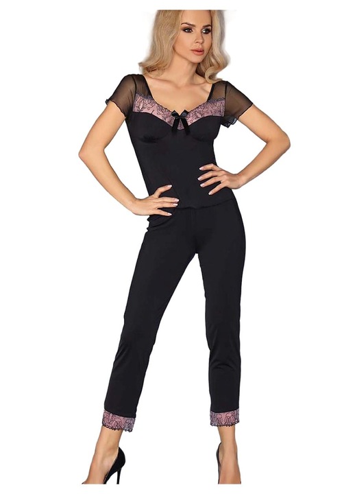 Pijamale dama, Livia Corsetti Fashion, set 2 piese, poliamida/elastan, negru/roz, L-XL INTL
