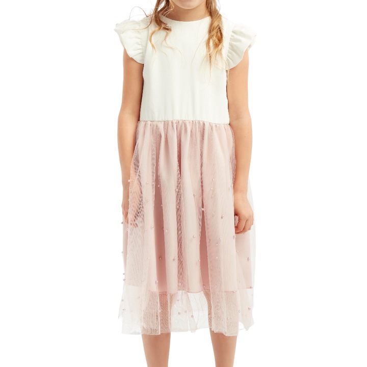 Odette elegáns kislányruha, púderrózsaszín tüll és gyöngy díszítéssel, ideális különleges alkalmakra