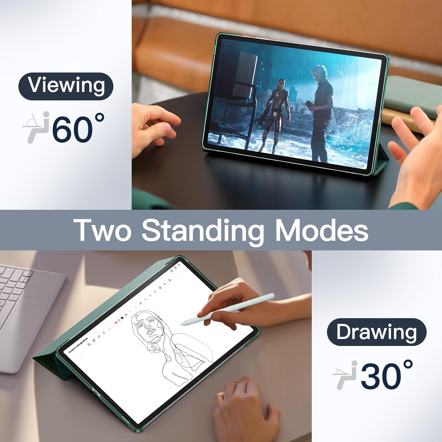 Husa pentru tableta Samsung Galaxy Tab S10 Plus/ Tab S9 Plus / Galaxy Tab S9 FE Plus 12.4”, piele PU, functie sleep/wake, verde inchis