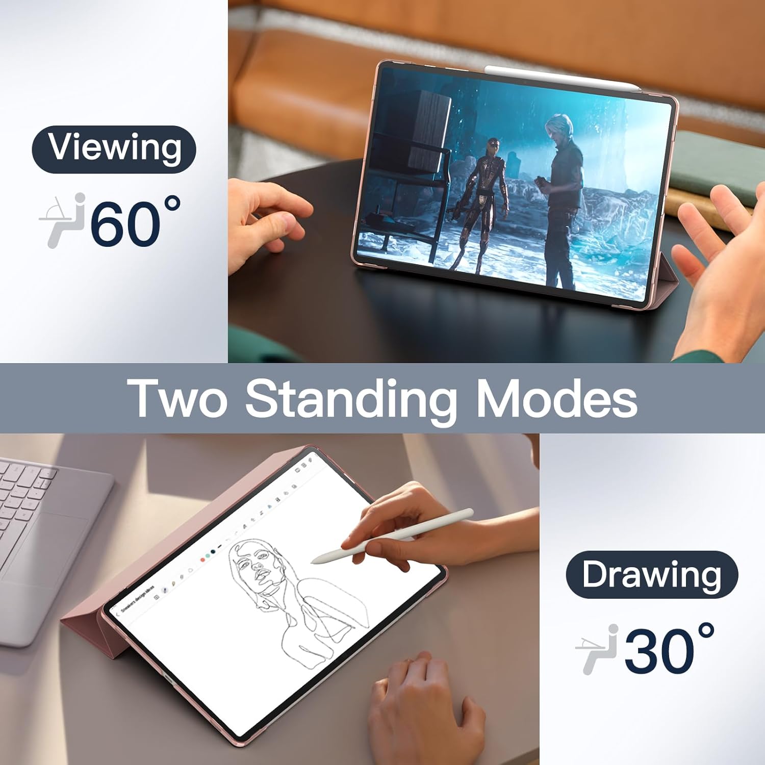 Husa pentru tableta Samsung Galaxy Tab S10 Plus/ Tab S9 Plus / Galaxy Tab S9 FE Plus 12.4”, piele PU, functie sleep/wake, aur roz