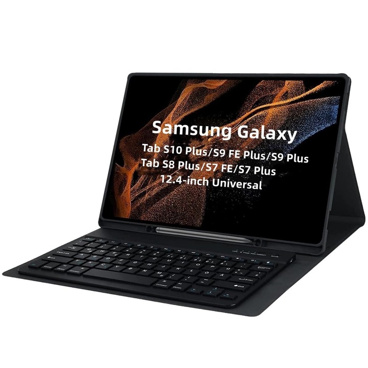 Клавиатура за таблет за Samsung Galaxy Tab S10 Plus / S9 FE Plus / S9 Plus / S8 Plus / S7 FE / S7 Plus 12,4-инчов защитен калъф Клавиатура - мишка и магнитен тъчпад, S Pen Dock Slim Case, черен