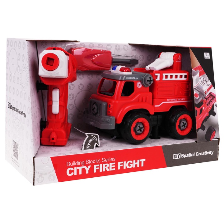 Vehicul interactiv de jucarie, camion pompieri, set cu surubelnita si bormasina, efecte sonore, 18,5x14x11,5cm