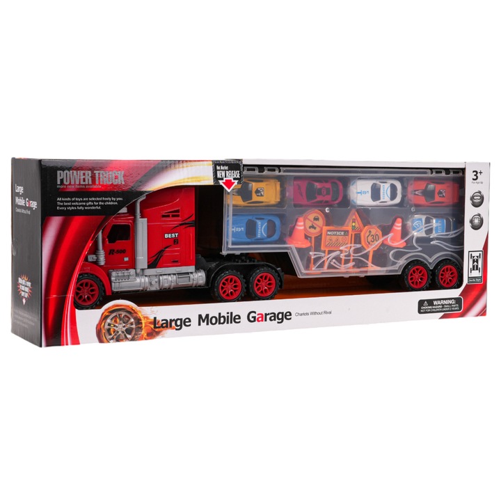 Camion cu remorca, set cu 6 masinute, semne de circulatie, 51x14x8cm, multicolor